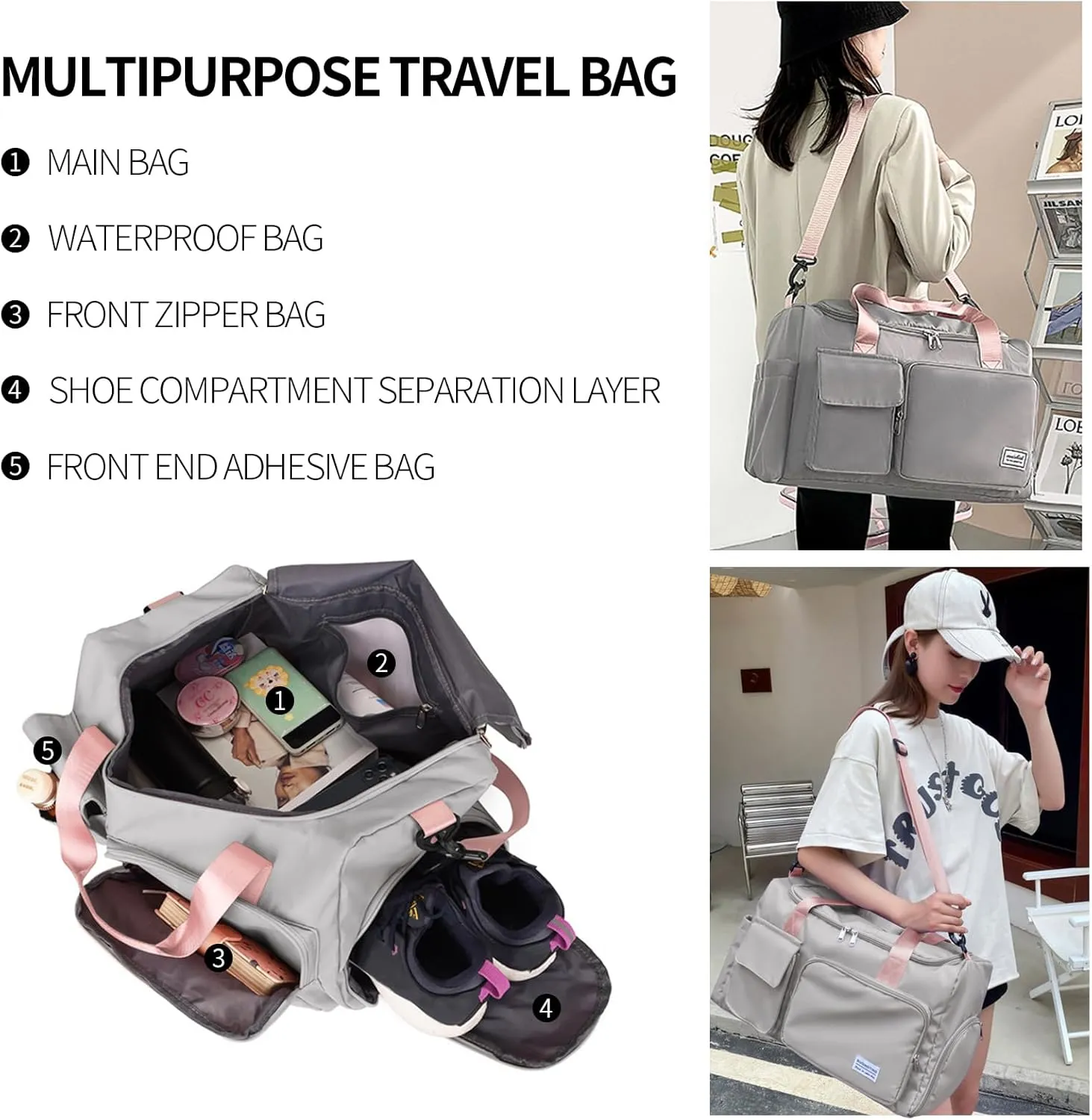 Travel Duffel Tote Bag with Dry Wet Separation Pocket, Weekender Bag for Women and Men，Waterproof Bag with Shoe Compartment Lightweight and Easy Carry on Grey