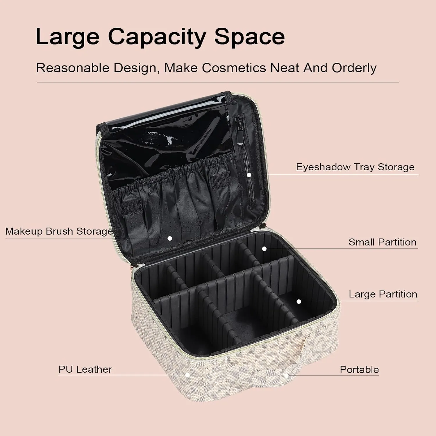 Travel Makeup Bag with Adjustable Dividers, Cosmetic Train Storage Case Organizer for Professional Cosmetic Brushes