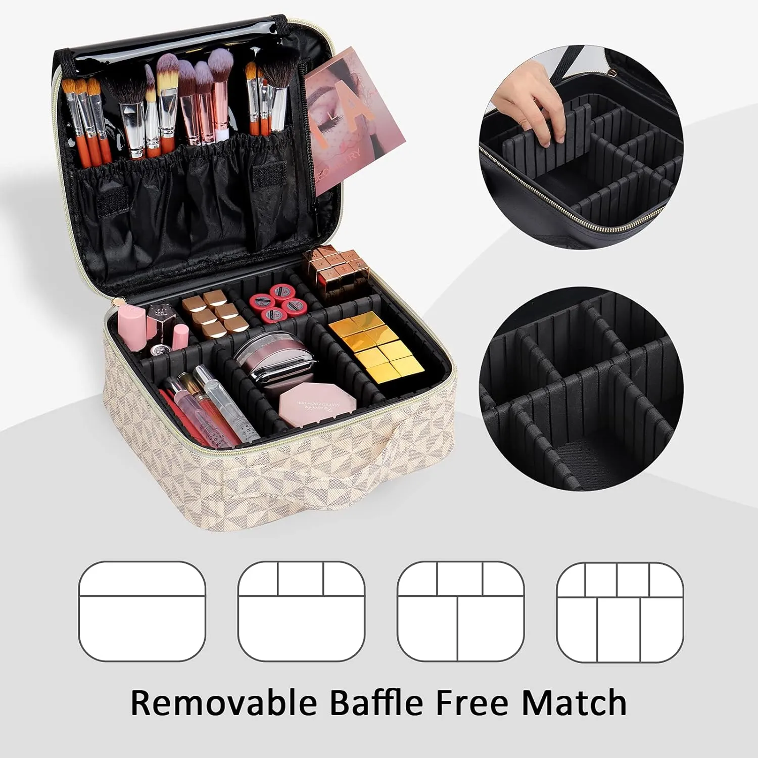 Travel Makeup Bag with Adjustable Dividers, Cosmetic Train Storage Case Organizer for Professional Cosmetic Brushes