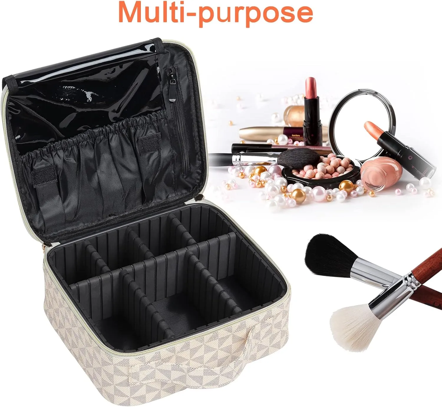 Travel Makeup Bag with Adjustable Dividers, Cosmetic Train Storage Case Organizer for Professional Cosmetic Brushes