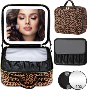 Travel Makeup Bag with LED Mirror, Cosmetic Train Makeup Case with 3 Color LED Lights and 10x Magnifying Mirror,Portable Makeup Organizer Bag with Adjustable Dividers,Makeup Brush Holder,Leopard Print