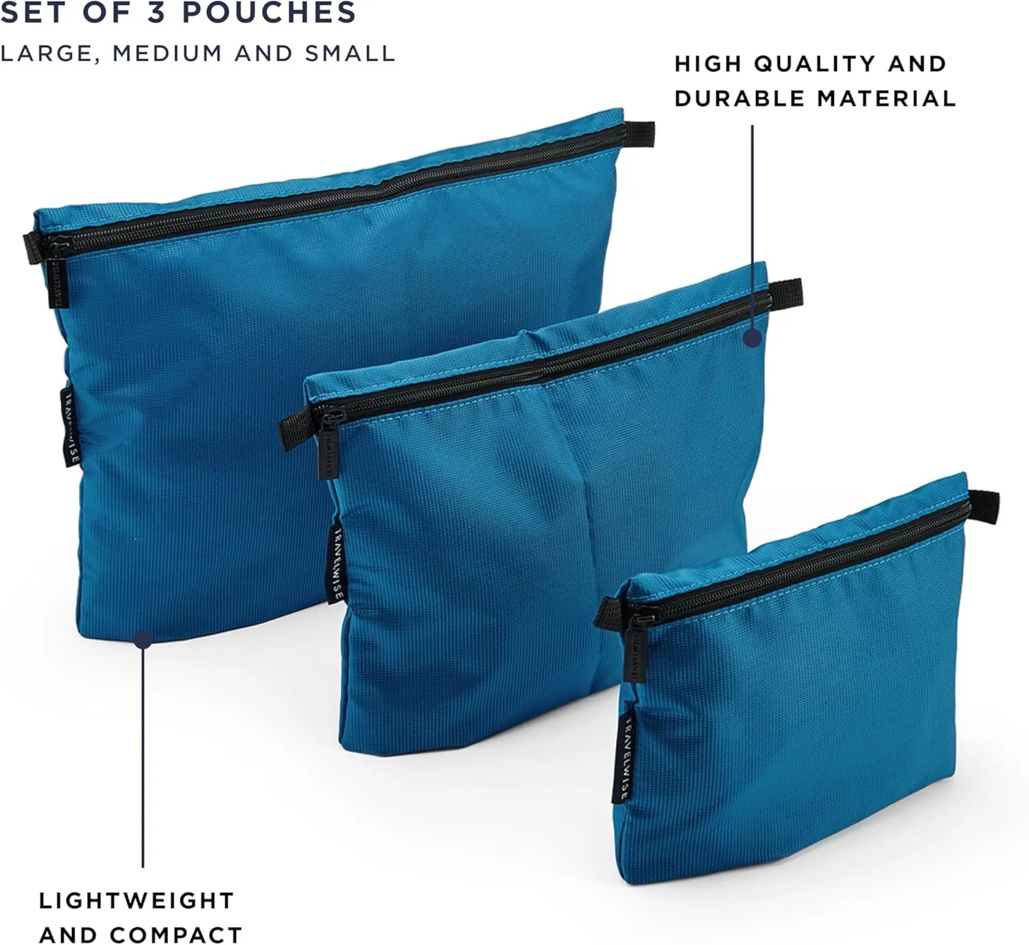 TravelWise 3 Piece Pouch Set, Luggage and Travel Organizers, Zipper Travel Bags, Blue