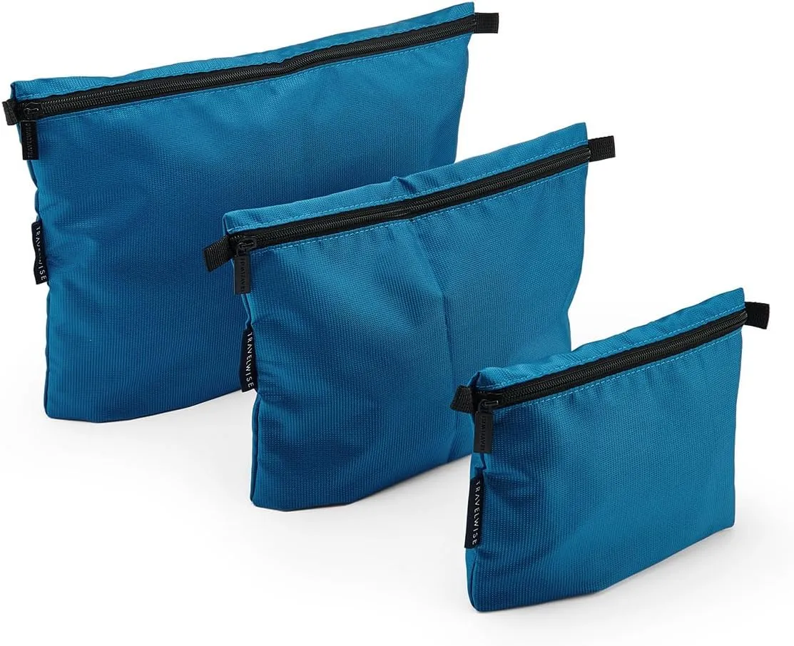 TravelWise 3 Piece Pouch Set, Luggage and Travel Organizers, Zipper Travel Bags, Blue