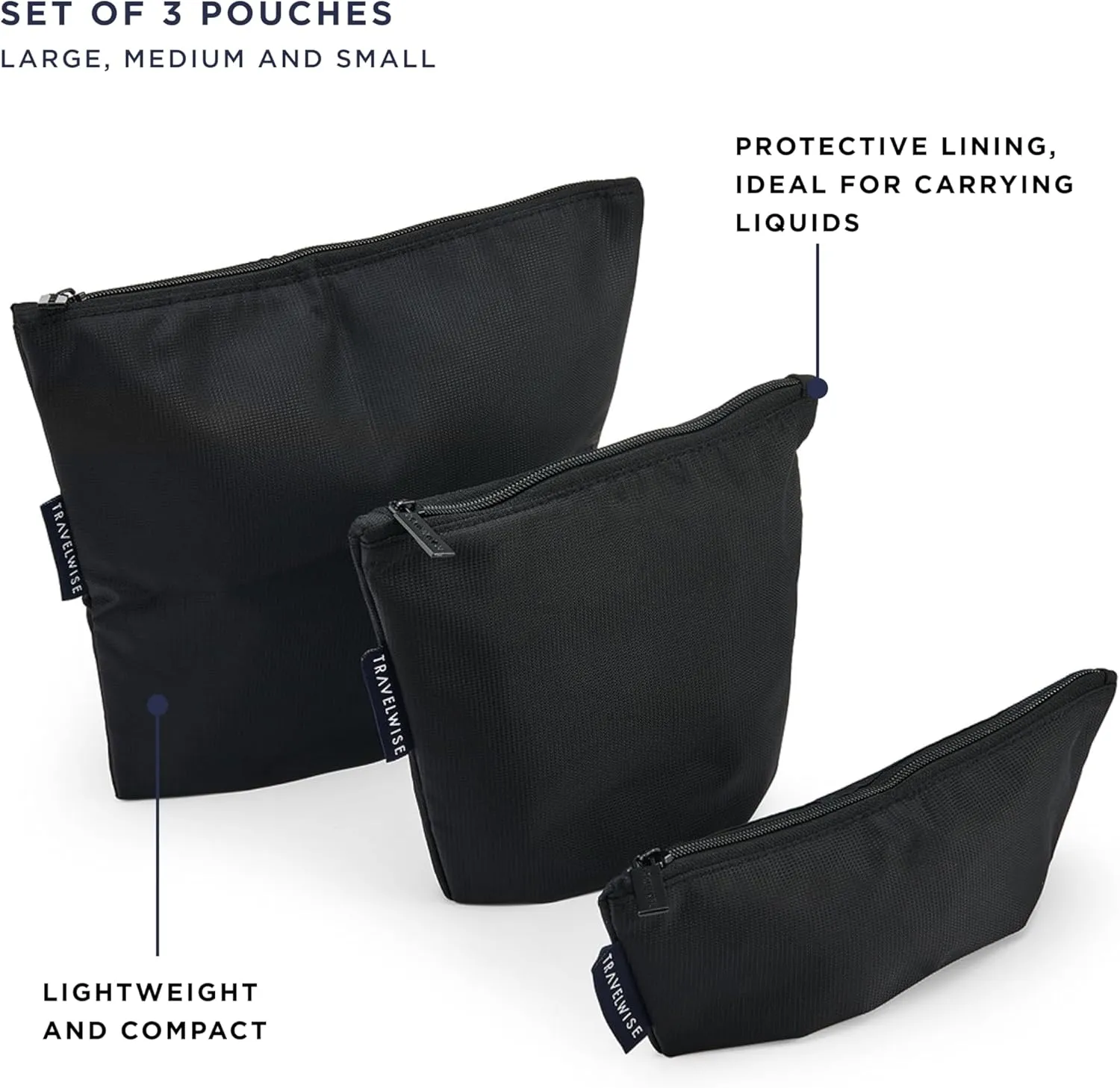TravelWise 3 Piece Zip Pouch Set, Luggage and Travel Organizers, Black