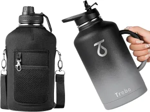 Trebo Half Gallon Water Bottle Insulated with Handle, 64 oz Double Wall Stainless Steel Metal Large Jug, Travel Flask with Straw Spout Lid, Mug Tumbler with Carry Pouch, Keep Cold Hot, Dark Gray