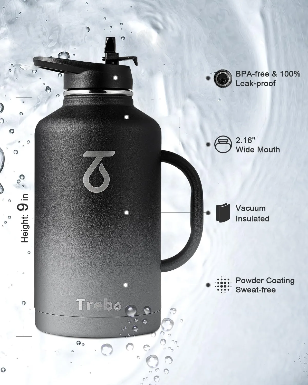 Trebo Half Gallon Water Bottle Insulated with Handle, 64 oz Double Wall Stainless Steel Metal Large Jug, Travel Flask with Straw Spout Lid, Mug Tumbler with Carry Pouch, Keep Cold Hot, Dark Gray