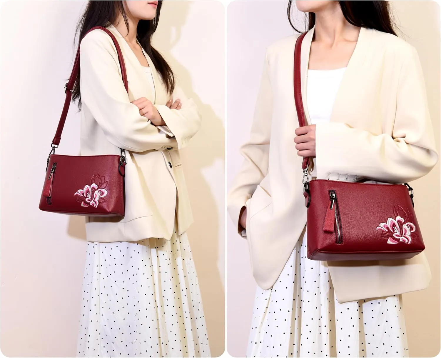 Trendy Small Crossbody Purse Bag With Peony Flower Embroidery PU Leather Lightweight Handbags Shoulder Bag