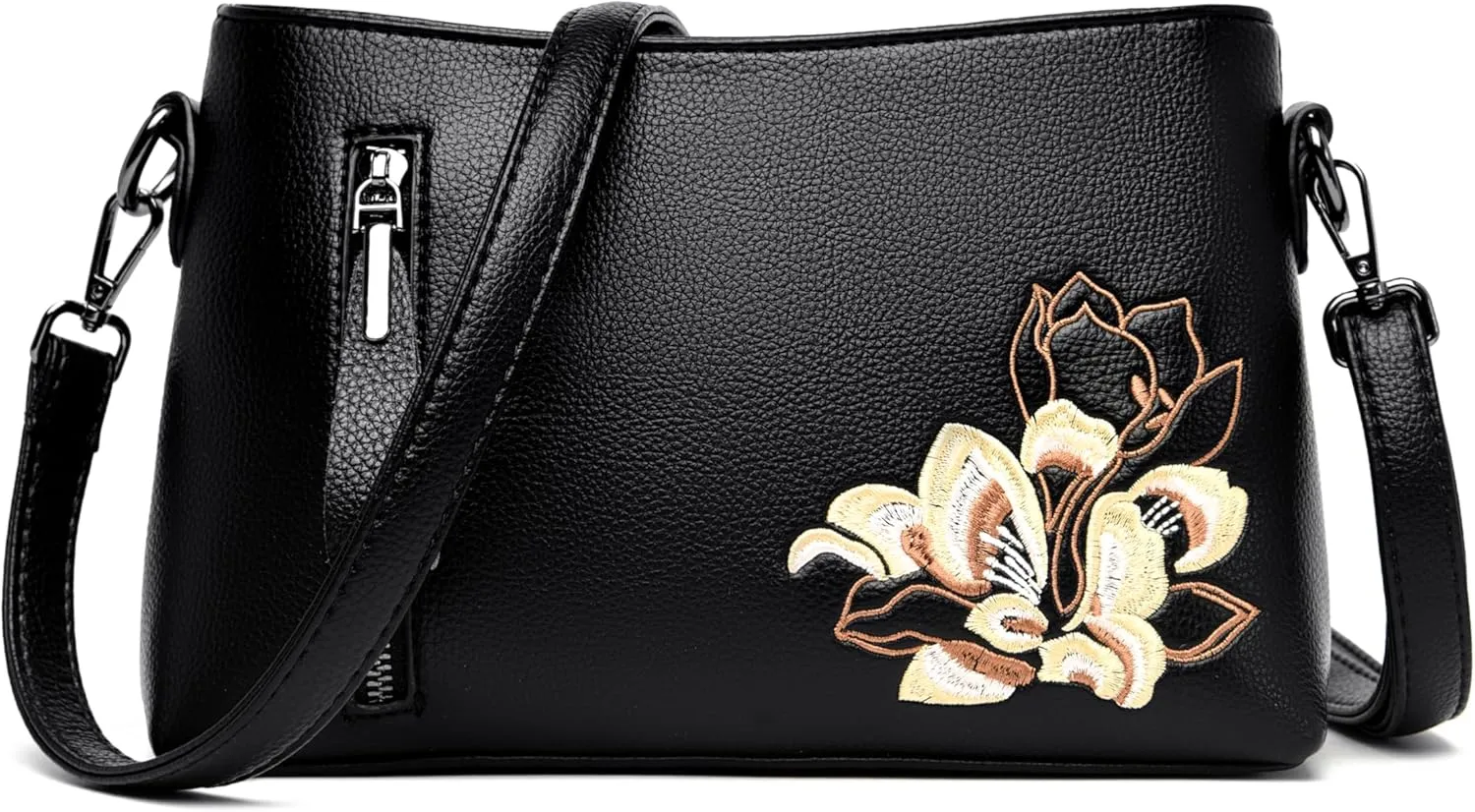 Trendy Small Crossbody Purse Bag With Peony Flower Embroidery PU Leather Lightweight Handbags Shoulder Bag