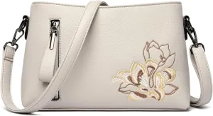 Trendy Small Crossbody Purse Bag With Peony Flower Embroidery PU Leather Lightweight Handbags Shoulder Bag