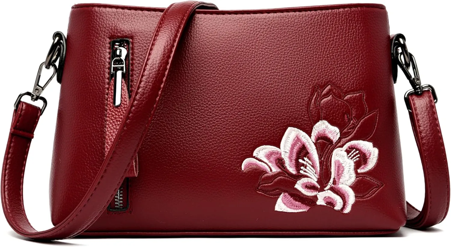 Trendy Small Crossbody Purse Bag With Peony Flower Embroidery PU Leather Lightweight Handbags Shoulder Bag