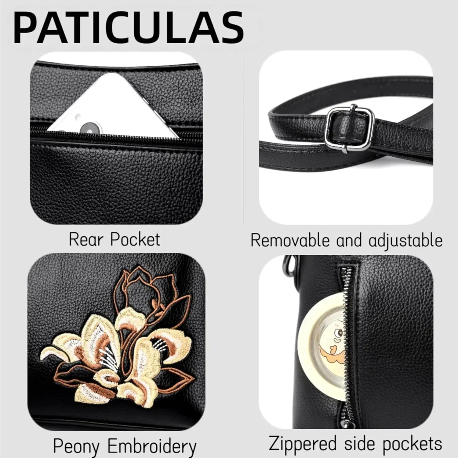 Trendy Small Crossbody Purse Bag With Peony Flower Embroidery PU Leather Lightweight Handbags Shoulder Bag