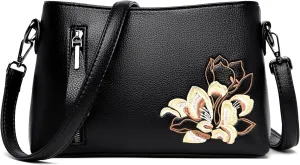 Trendy Small Crossbody Purse Bag With Peony Flower Embroidery PU Leather Lightweight Handbags Shoulder Bag