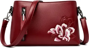 Trendy Small Crossbody Purse Bag With Peony Flower Embroidery PU Leather Lightweight Handbags Shoulder Bag