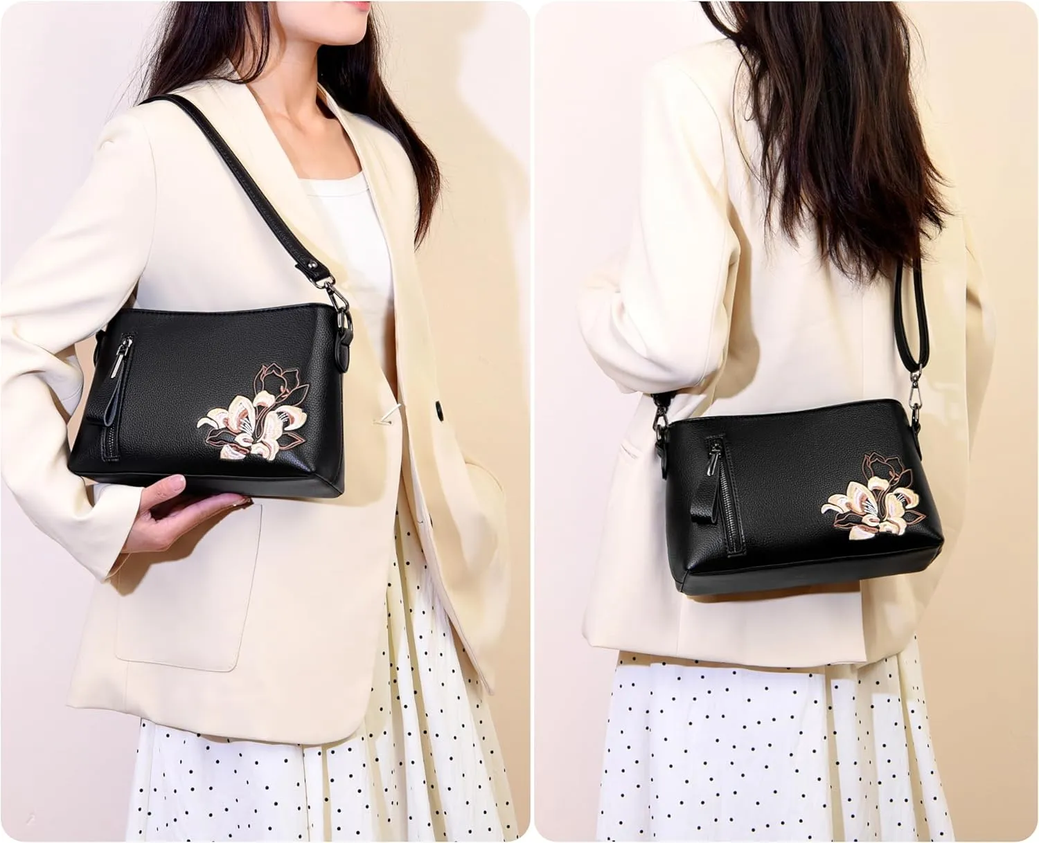 Trendy Small Crossbody Purse Bag With Peony Flower Embroidery PU Leather Lightweight Handbags Shoulder Bag