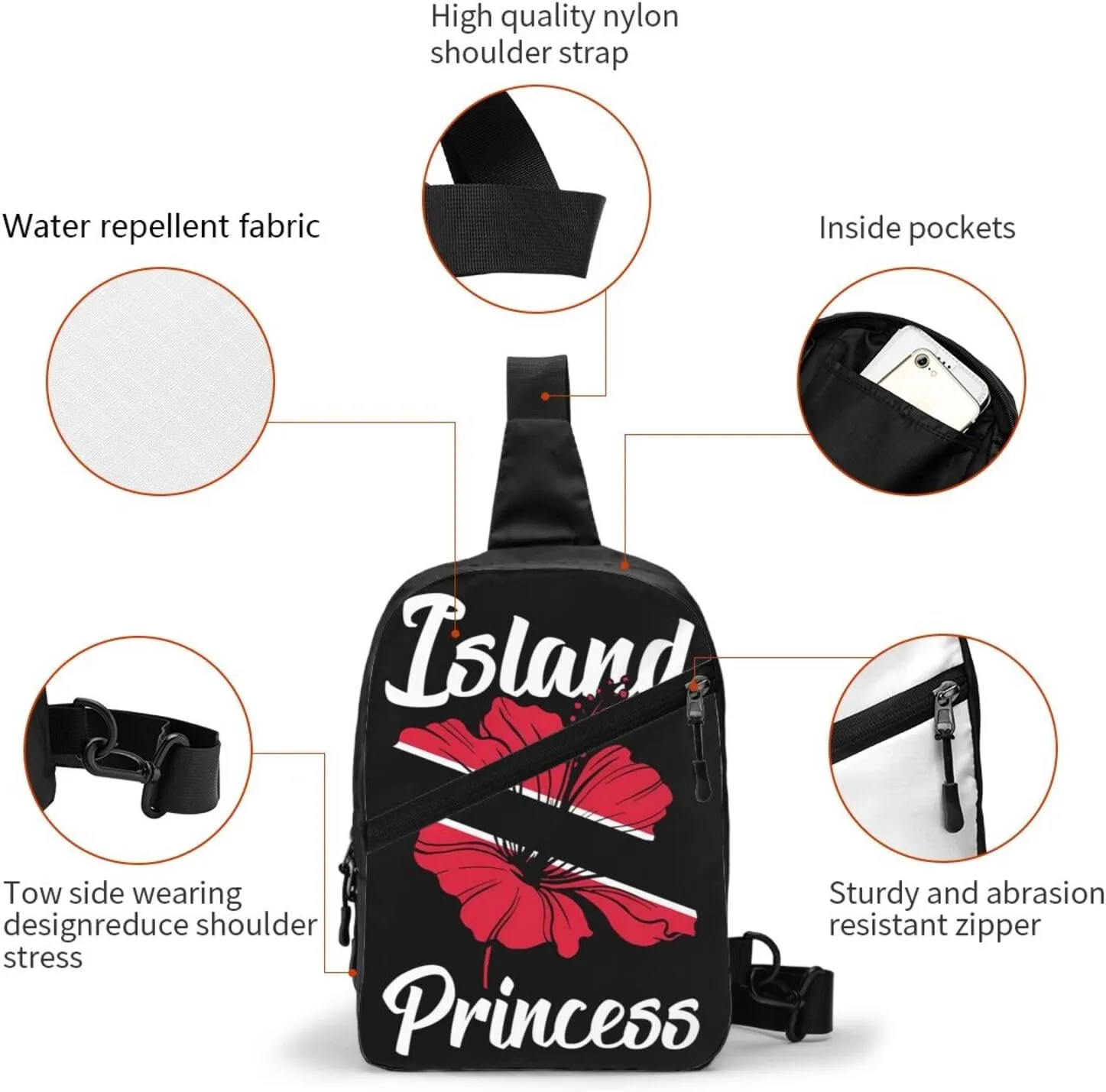 Trinidad Tobago Flag Trinidadian Island Flowers Crossbody Bag Portable Sling Bags Foldable Chest Daypack Reusable Sports Shoulder Backpack Diagonally Casual Rucksack Travel Bag