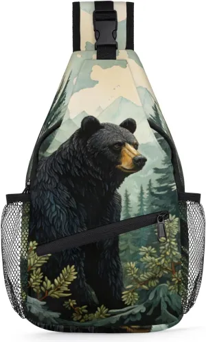 TropicalLife Black Bear Forest Animals Sling Backpack Women Men Crossbody Sling Bag Small Shoulder Chest Bag Daypack Fanny Pack for Travel Hiking Sport