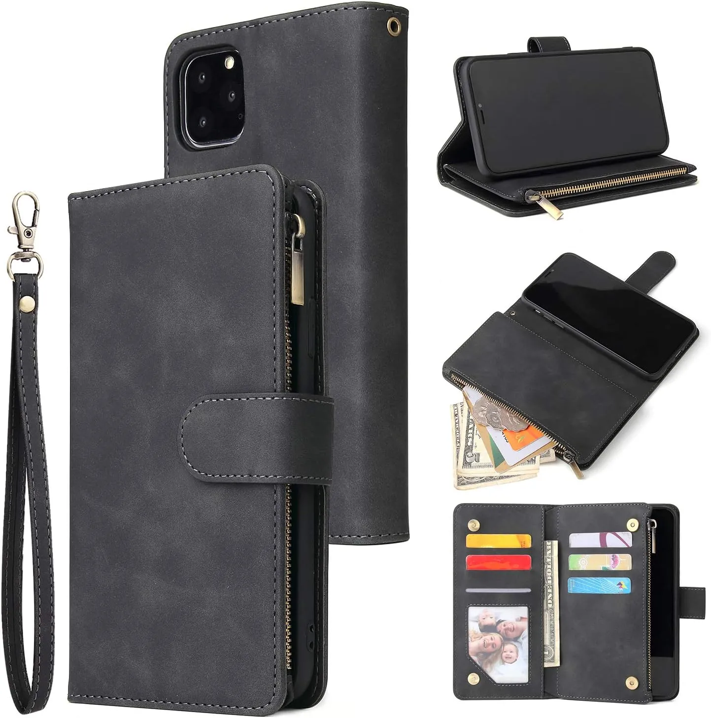 UEEBAI Wallet Case for iPhone 11 Pro, Premium Vintage PU Leather Magnetic Closure Handbag Zipper Pocket Case Kickstand Card Holder Slots with Wrist Strap TPU Shockproof Flip Cover - Black