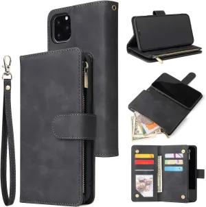 UEEBAI Wallet Case for iPhone 11 Pro, Premium Vintage PU Leather Magnetic Closure Handbag Zipper Pocket Case Kickstand Card Holder Slots with Wrist Strap TPU Shockproof Flip Cover - Black