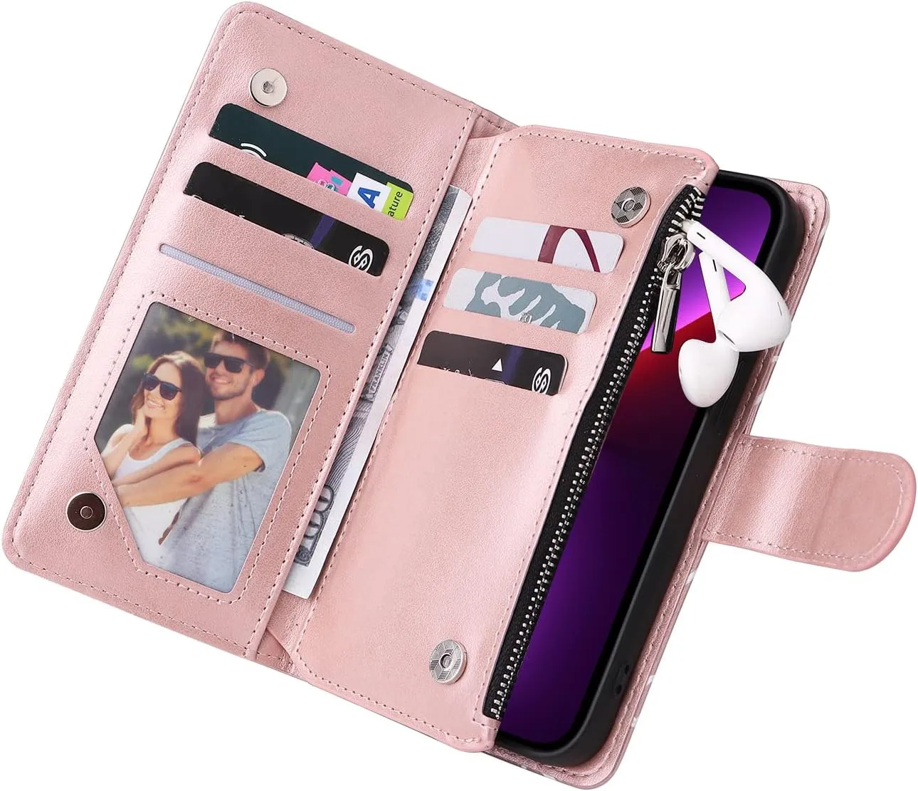 UEEBAI Wallet Case for iPhone 13 6.1, Premium Vintage PU Leather Magnetic Handbag Zipper Pocket Case Kickstand Card Slots with Wrist Strap TPU Shockproof Flip Cover - Rose Gold