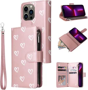 UEEBAI Wallet Case for iPhone 13 6.1, Premium Vintage PU Leather Magnetic Handbag Zipper Pocket Case Kickstand Card Slots with Wrist Strap TPU Shockproof Flip Cover - Rose Gold