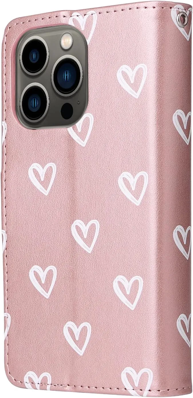 UEEBAI Wallet Case for iPhone 13 6.1, Premium Vintage PU Leather Magnetic Handbag Zipper Pocket Case Kickstand Card Slots with Wrist Strap TPU Shockproof Flip Cover - Rose Gold