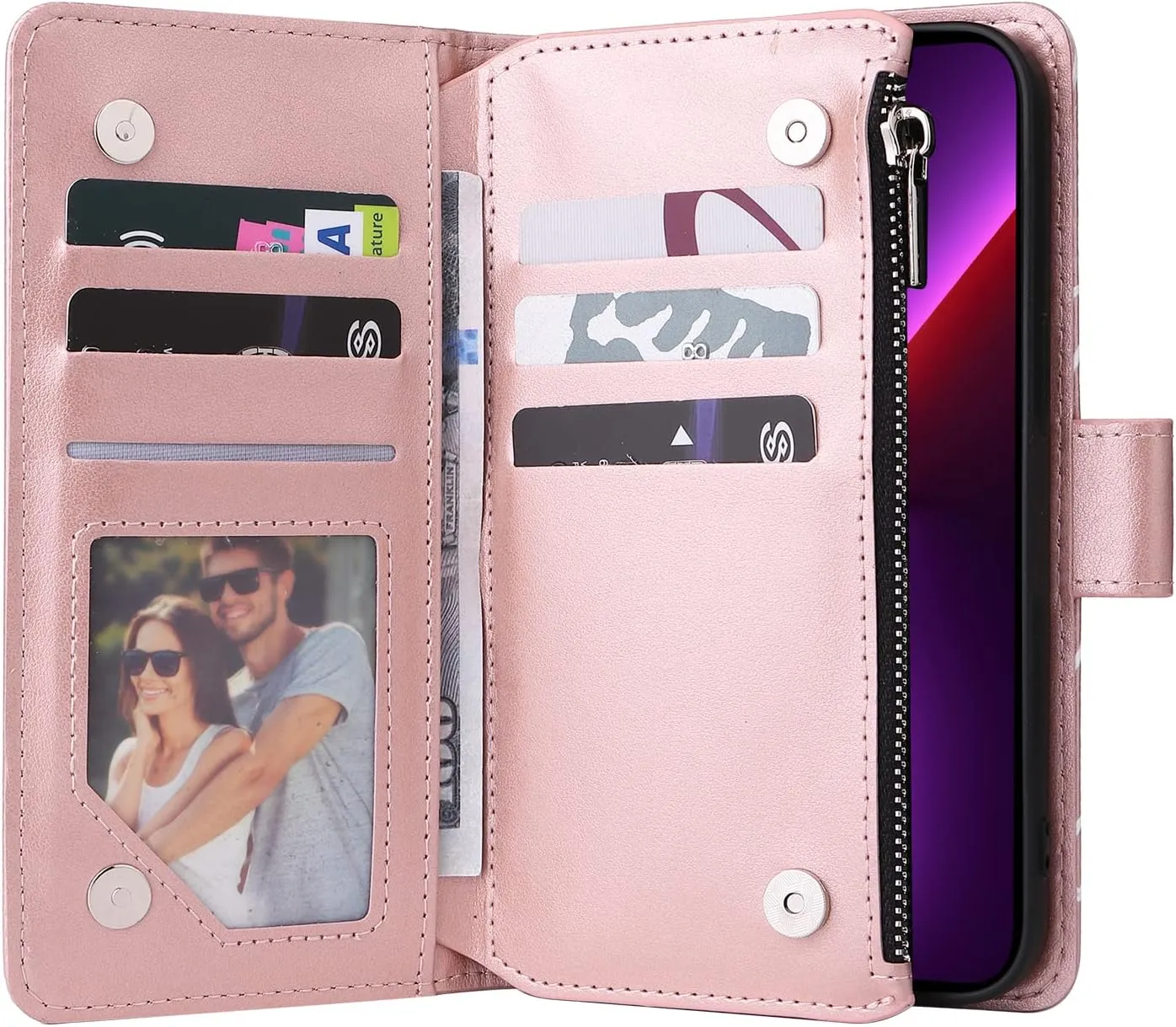 UEEBAI Wallet Case for iPhone 13 6.1, Premium Vintage PU Leather Magnetic Handbag Zipper Pocket Case Kickstand Card Slots with Wrist Strap TPU Shockproof Flip Cover - Rose Gold
