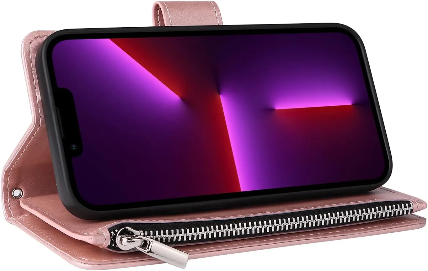 UEEBAI Wallet Case for iPhone 13 6.1, Premium Vintage PU Leather Magnetic Handbag Zipper Pocket Case Kickstand Card Slots with Wrist Strap TPU Shockproof Flip Cover - Rose Gold