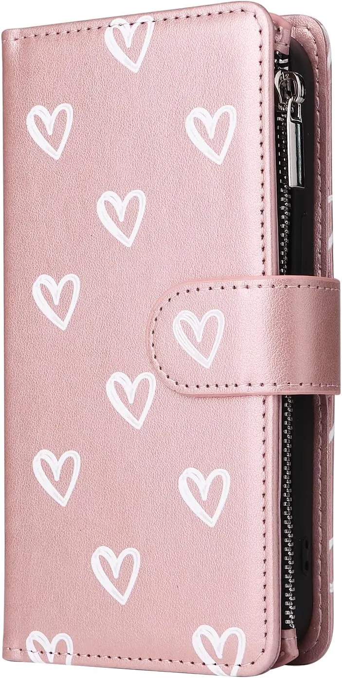 UEEBAI Wallet Case for iPhone 13 6.1, Premium Vintage PU Leather Magnetic Handbag Zipper Pocket Case Kickstand Card Slots with Wrist Strap TPU Shockproof Flip Cover - Rose Gold