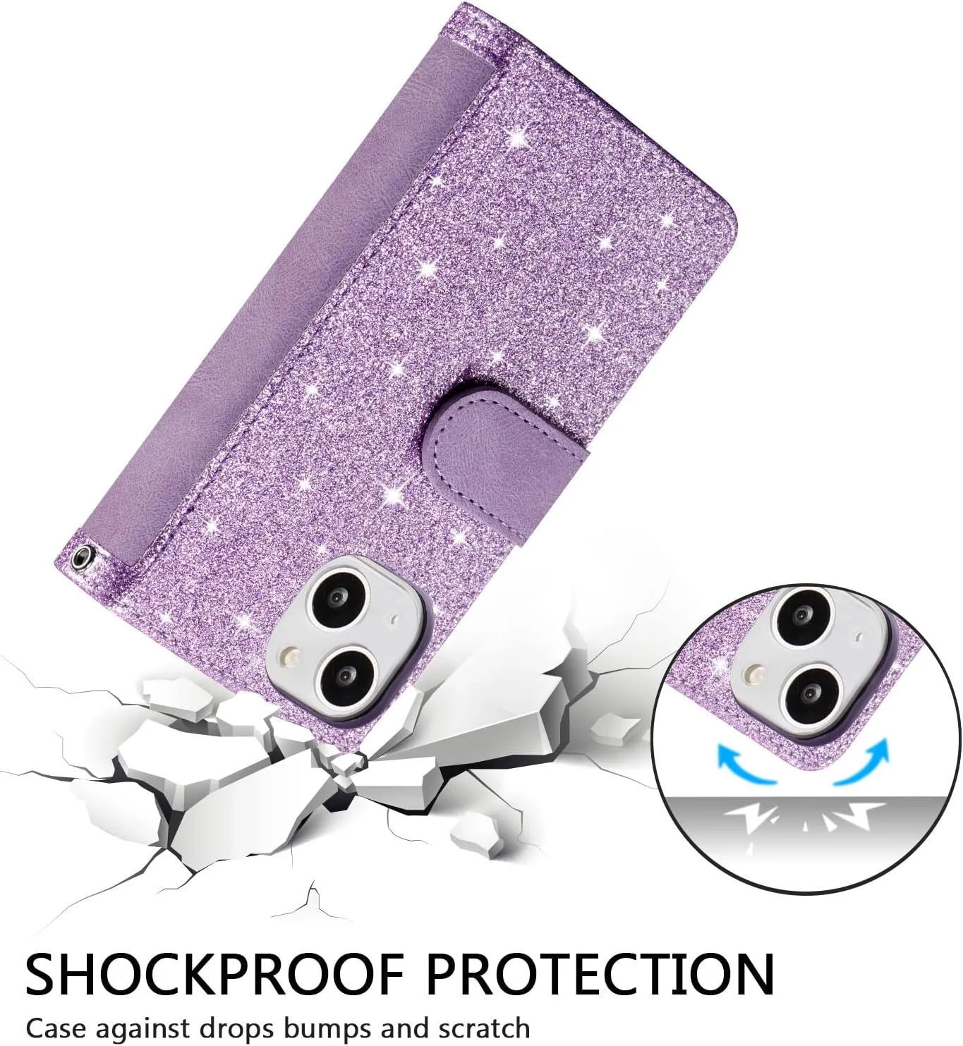 UEEBAI Wallet Case for iPhone 14 6.1 inch, Retro 9 Card Holder Slots Zipper Pocket Handbag Case Magnetic Closure Kickstand with Wrist Strap TPU Shockproof Flip Case - Glitter Purple