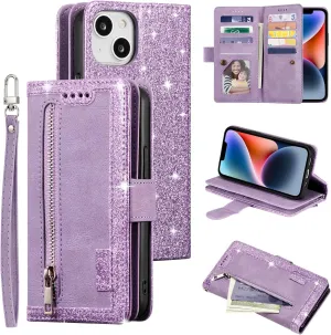 UEEBAI Wallet Case for iPhone 14 6.1 inch, Retro 9 Card Holder Slots Zipper Pocket Handbag Case Magnetic Closure Kickstand with Wrist Strap TPU Shockproof Flip Case - Glitter Purple