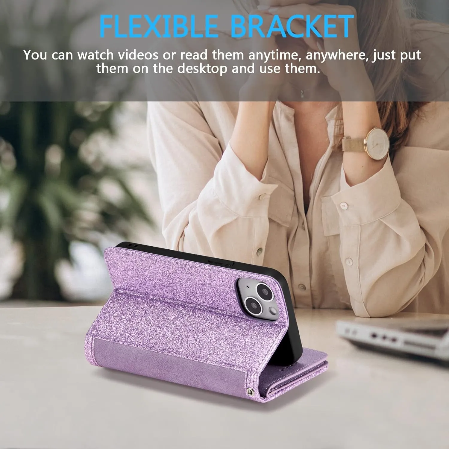 UEEBAI Wallet Case for iPhone 14 6.1 inch, Retro 9 Card Holder Slots Zipper Pocket Handbag Case Magnetic Closure Kickstand with Wrist Strap TPU Shockproof Flip Case - Glitter Purple