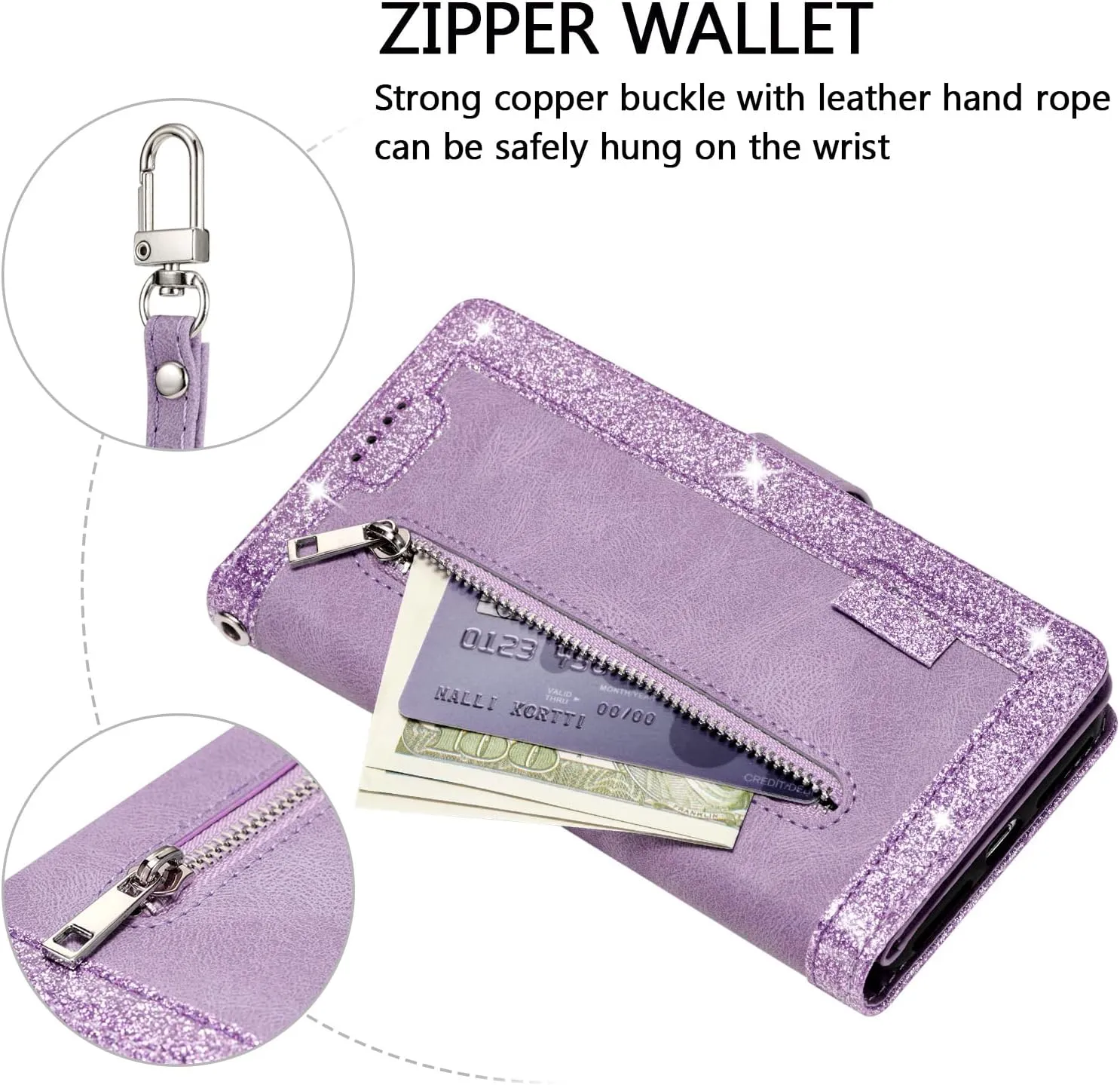 UEEBAI Wallet Case for iPhone 14 6.1 inch, Retro 9 Card Holder Slots Zipper Pocket Handbag Case Magnetic Closure Kickstand with Wrist Strap TPU Shockproof Flip Case - Glitter Purple