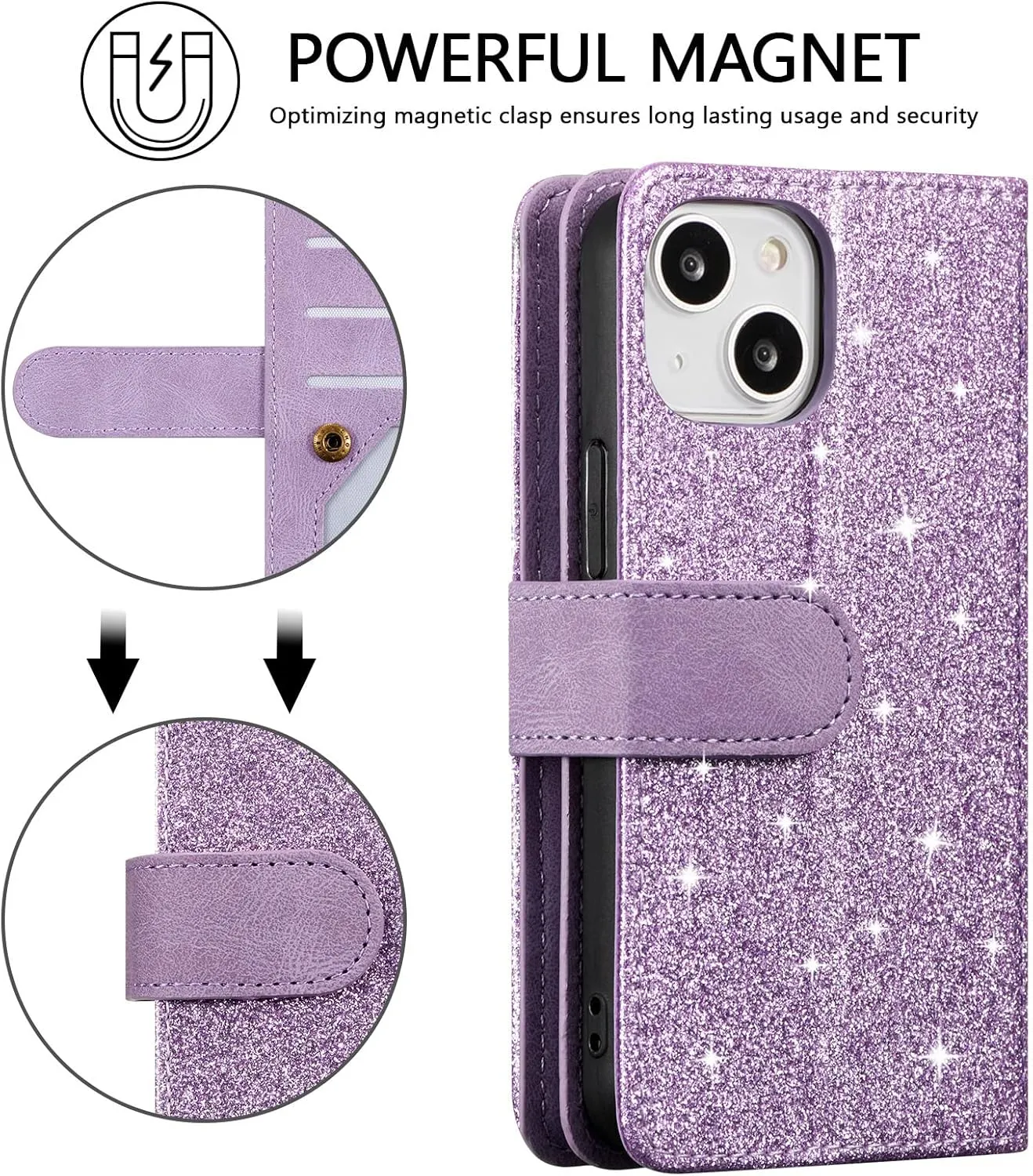 UEEBAI Wallet Case for iPhone 14 6.1 inch, Retro 9 Card Holder Slots Zipper Pocket Handbag Case Magnetic Closure Kickstand with Wrist Strap TPU Shockproof Flip Case - Glitter Purple