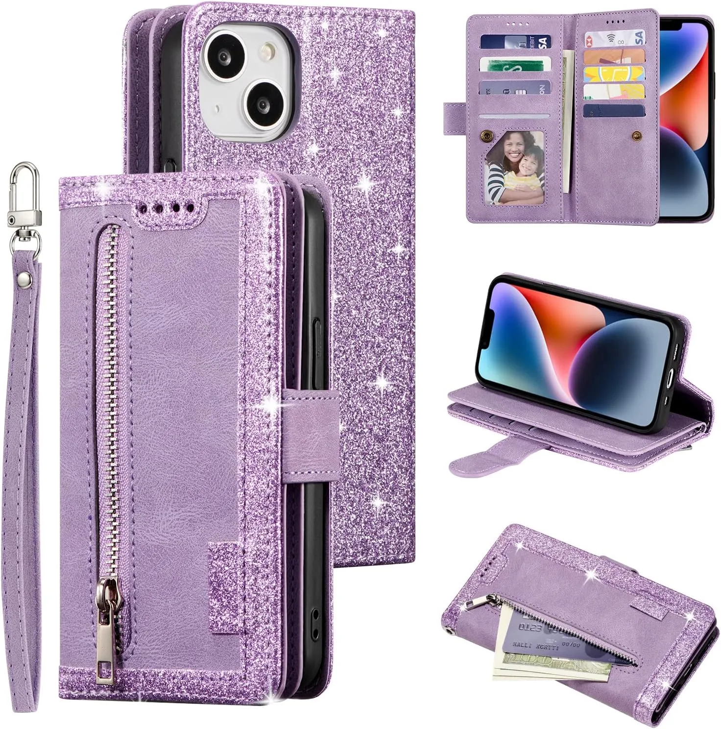 UEEBAI Wallet Case for iPhone 14 6.1 inch, Retro 9 Card Holder Slots Zipper Pocket Handbag Case Magnetic Closure Kickstand with Wrist Strap TPU Shockproof Flip Case - Glitter Purple