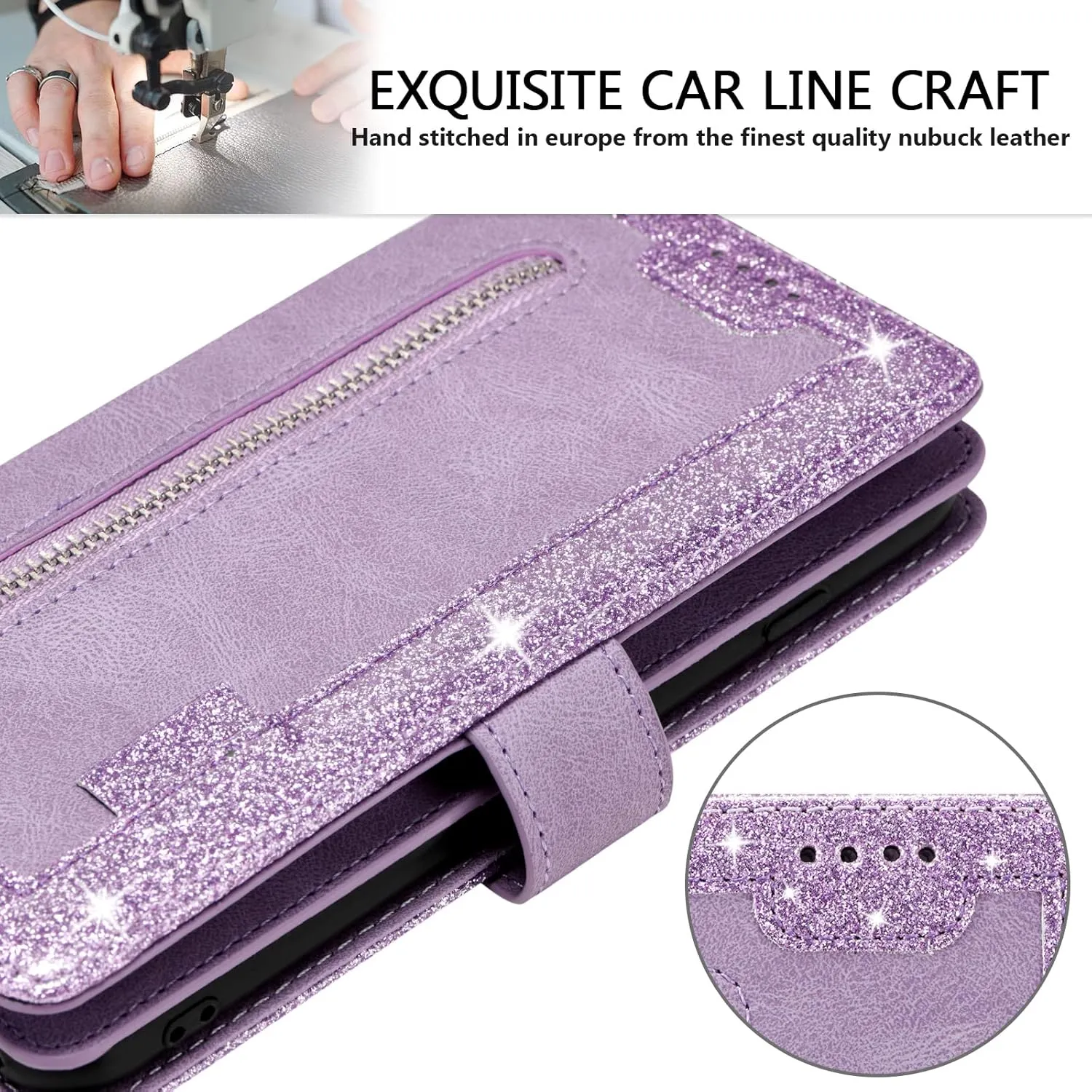 UEEBAI Wallet Case for iPhone 14 6.1 inch, Retro 9 Card Holder Slots Zipper Pocket Handbag Case Magnetic Closure Kickstand with Wrist Strap TPU Shockproof Flip Case - Glitter Purple