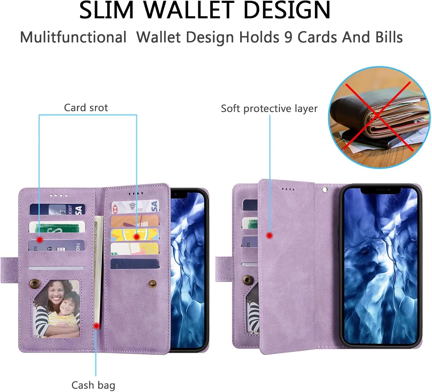 UEEBAI Wallet Case for iPhone 14 6.1 inch, Retro 9 Card Holder Slots Zipper Pocket Handbag Case Magnetic Closure Kickstand with Wrist Strap TPU Shockproof Flip Case - Glitter Purple