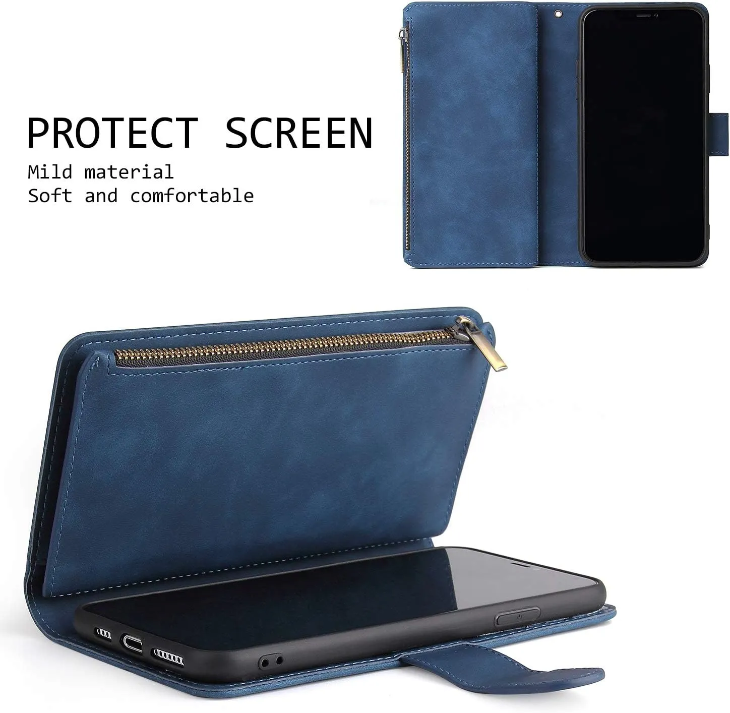 UEEBAI Wallet Case for Samsung Galaxy A13 5G, Premium Vintage PU Leather Magnetic Closure Handbag Zipper Pocket Case Kickstand Card Holder Slots with Wrist Strap TPU Shockproof Flip Cover - Blue