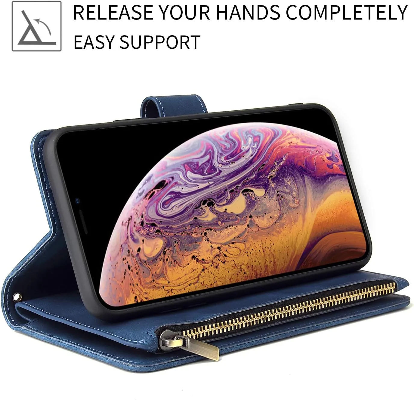 UEEBAI Wallet Case for Samsung Galaxy A13 5G, Premium Vintage PU Leather Magnetic Closure Handbag Zipper Pocket Case Kickstand Card Holder Slots with Wrist Strap TPU Shockproof Flip Cover - Blue