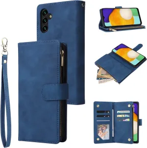 UEEBAI Wallet Case for Samsung Galaxy A13 5G, Premium Vintage PU Leather Magnetic Closure Handbag Zipper Pocket Case Kickstand Card Holder Slots with Wrist Strap TPU Shockproof Flip Cover - Blue