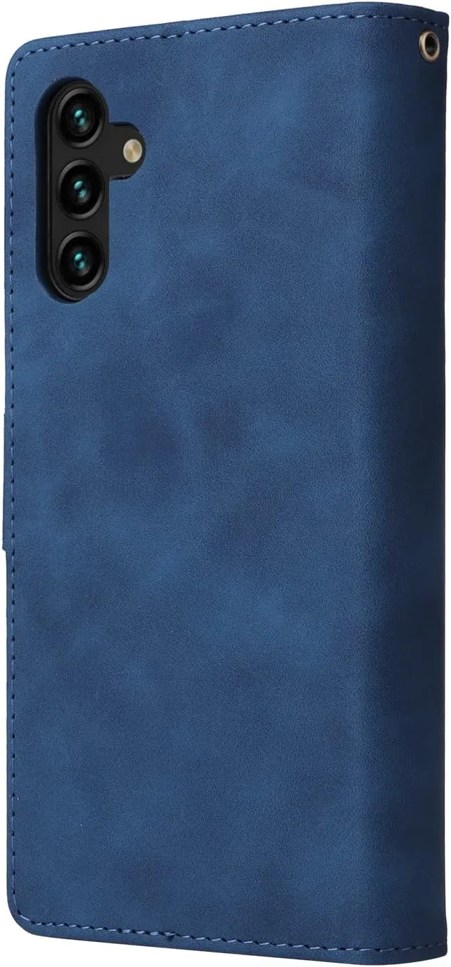 UEEBAI Wallet Case for Samsung Galaxy A13 5G, Premium Vintage PU Leather Magnetic Closure Handbag Zipper Pocket Case Kickstand Card Holder Slots with Wrist Strap TPU Shockproof Flip Cover - Blue