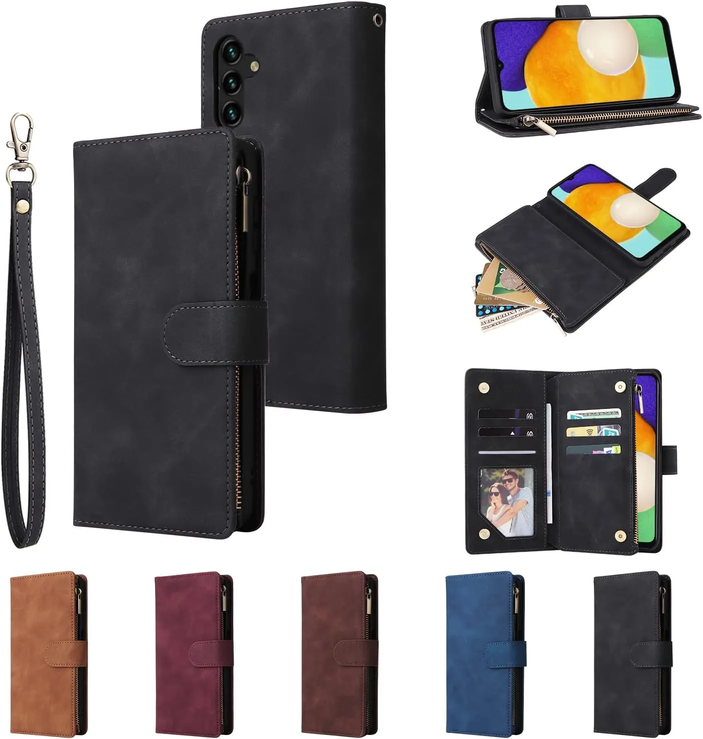 UEEBAI Wallet Case for Samsung Galaxy A13 5G, Premium Vintage PU Leather Magnetic Closure Handbag Zipper Pocket Case Kickstand Card Holder Slots with Wrist Strap TPU Shockproof Flip Cover - Blue