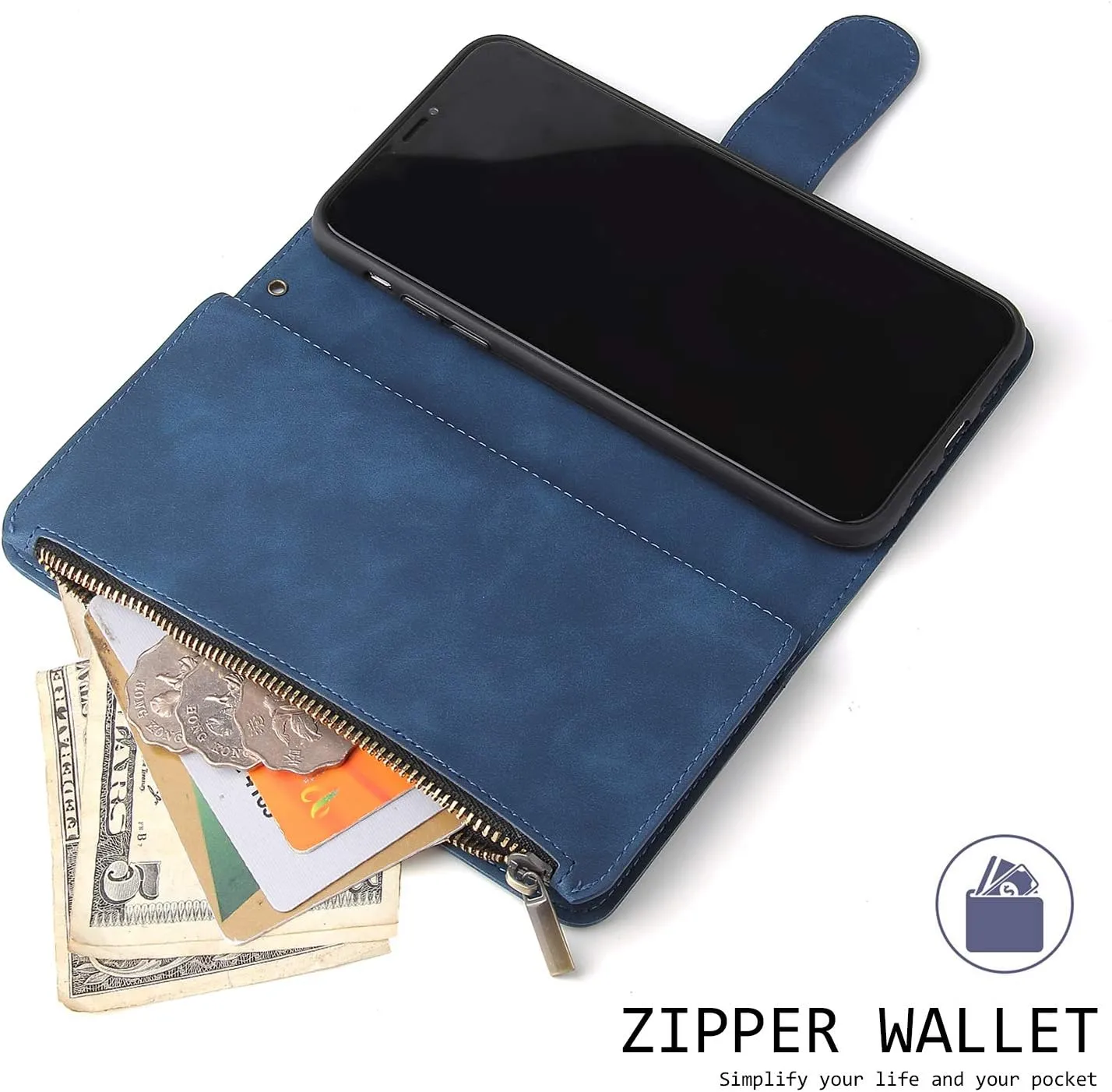 UEEBAI Wallet Case for Samsung Galaxy A13 5G, Premium Vintage PU Leather Magnetic Closure Handbag Zipper Pocket Case Kickstand Card Holder Slots with Wrist Strap TPU Shockproof Flip Cover - Blue