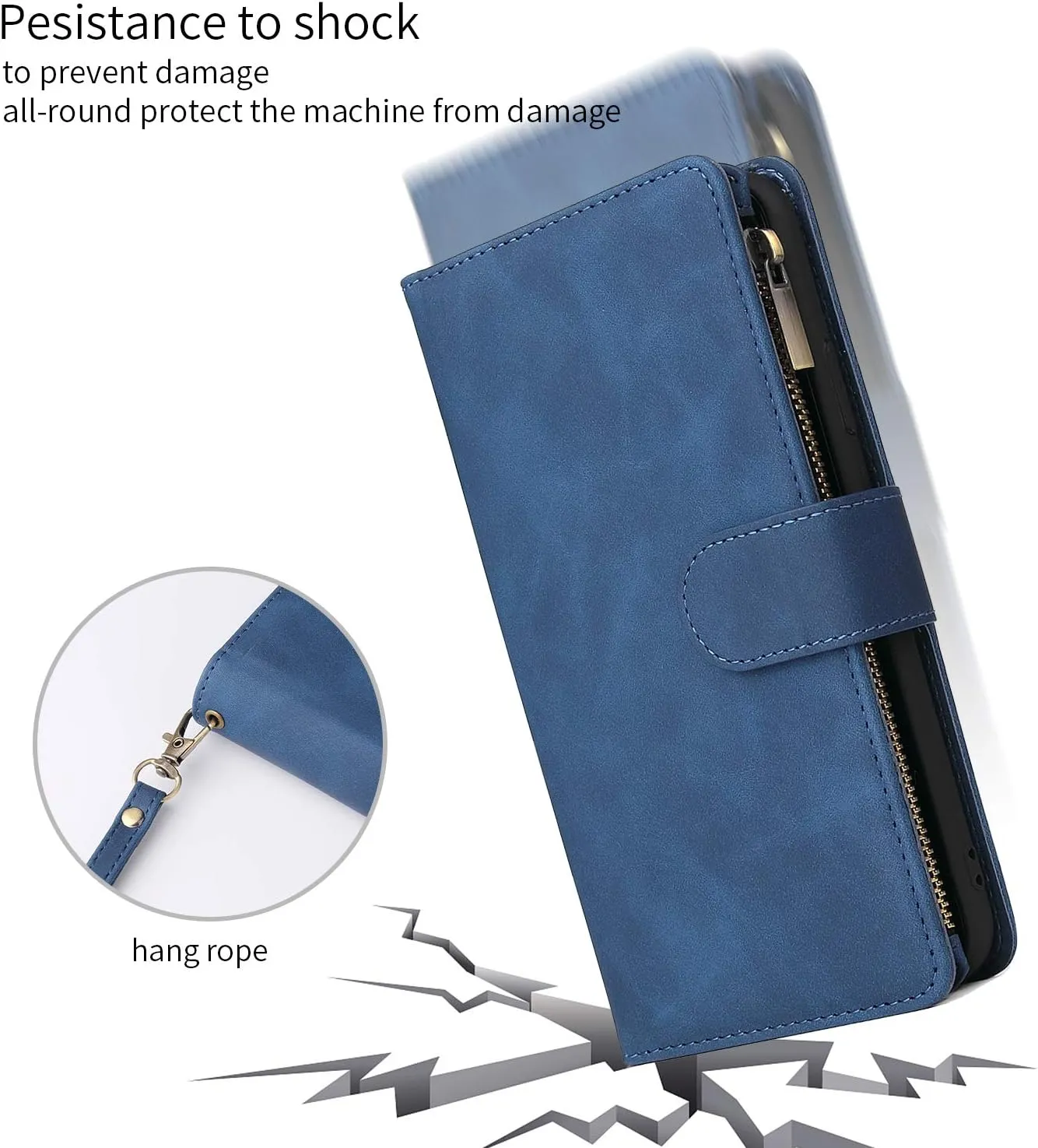 UEEBAI Wallet Case for Samsung Galaxy A13 5G, Premium Vintage PU Leather Magnetic Closure Handbag Zipper Pocket Case Kickstand Card Holder Slots with Wrist Strap TPU Shockproof Flip Cover - Blue