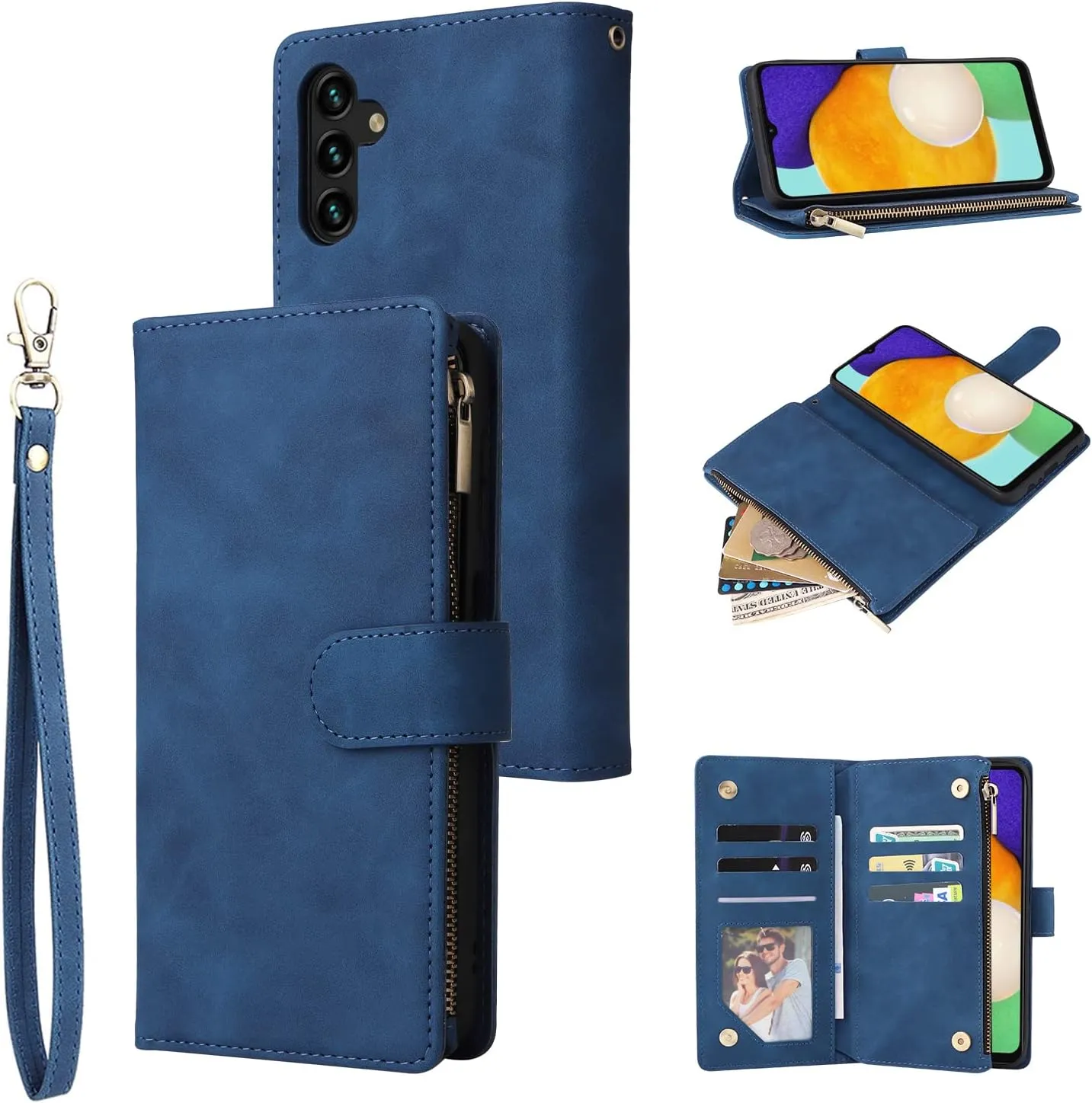 UEEBAI Wallet Case for Samsung Galaxy A13 5G, Premium Vintage PU Leather Magnetic Closure Handbag Zipper Pocket Case Kickstand Card Holder Slots with Wrist Strap TPU Shockproof Flip Cover - Blue