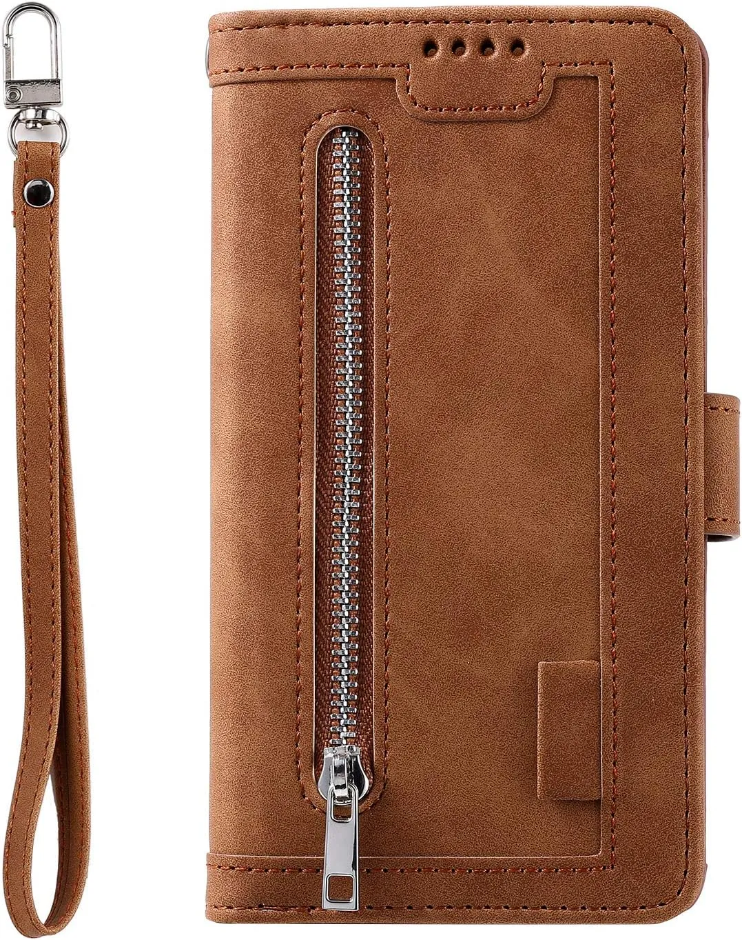 UEEBAI Wallet Case for Samsung Galaxy S21 5G, Retro 9 Card Holder Slots Zipper Pocket PU Leather Handbag Cover Magnetic Closure Kickstand with Wrist Strap TPU Shockproof Flip Case - Brown
