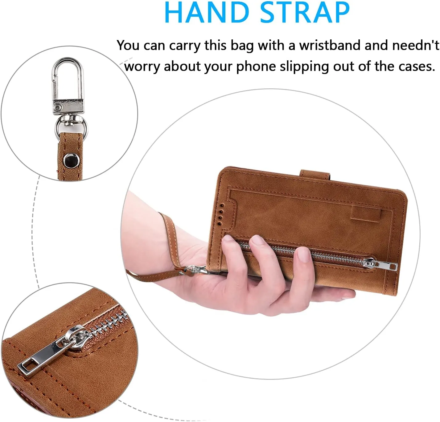 UEEBAI Wallet Case for Samsung Galaxy S21 5G, Retro 9 Card Holder Slots Zipper Pocket PU Leather Handbag Cover Magnetic Closure Kickstand with Wrist Strap TPU Shockproof Flip Case - Brown