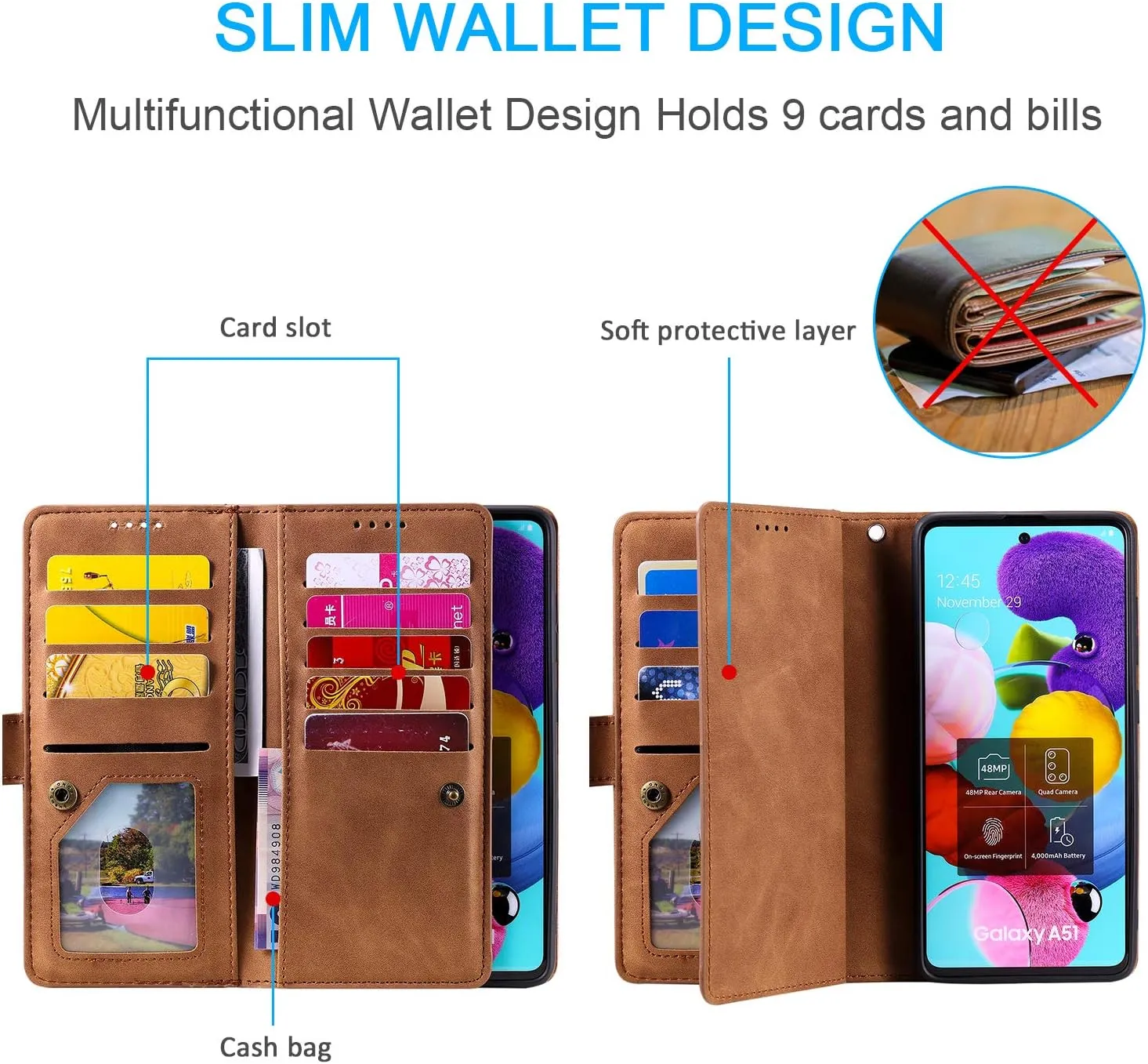 UEEBAI Wallet Case for Samsung Galaxy S21 5G, Retro 9 Card Holder Slots Zipper Pocket PU Leather Handbag Cover Magnetic Closure Kickstand with Wrist Strap TPU Shockproof Flip Case - Brown