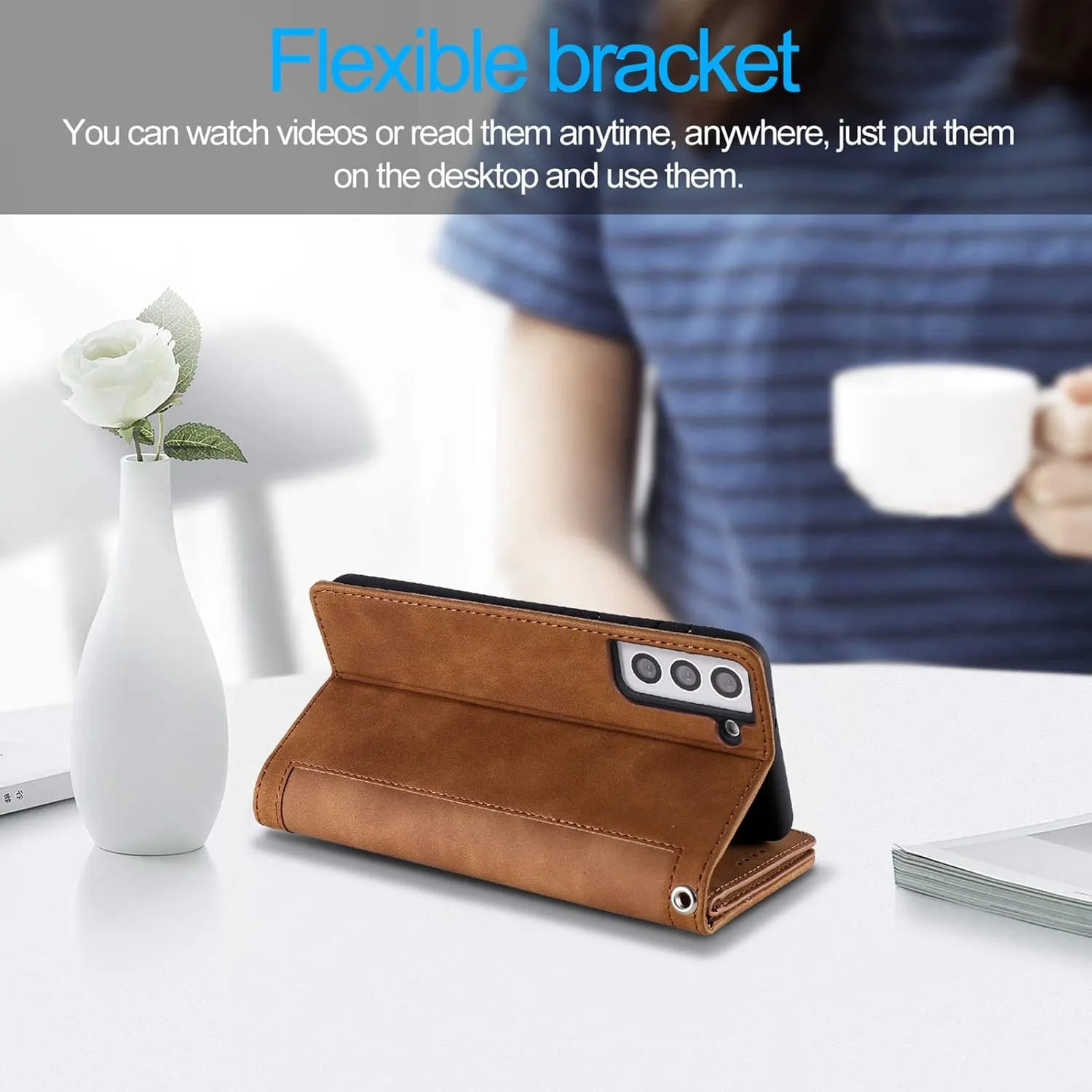 UEEBAI Wallet Case for Samsung Galaxy S21 5G, Retro 9 Card Holder Slots Zipper Pocket PU Leather Handbag Cover Magnetic Closure Kickstand with Wrist Strap TPU Shockproof Flip Case - Brown