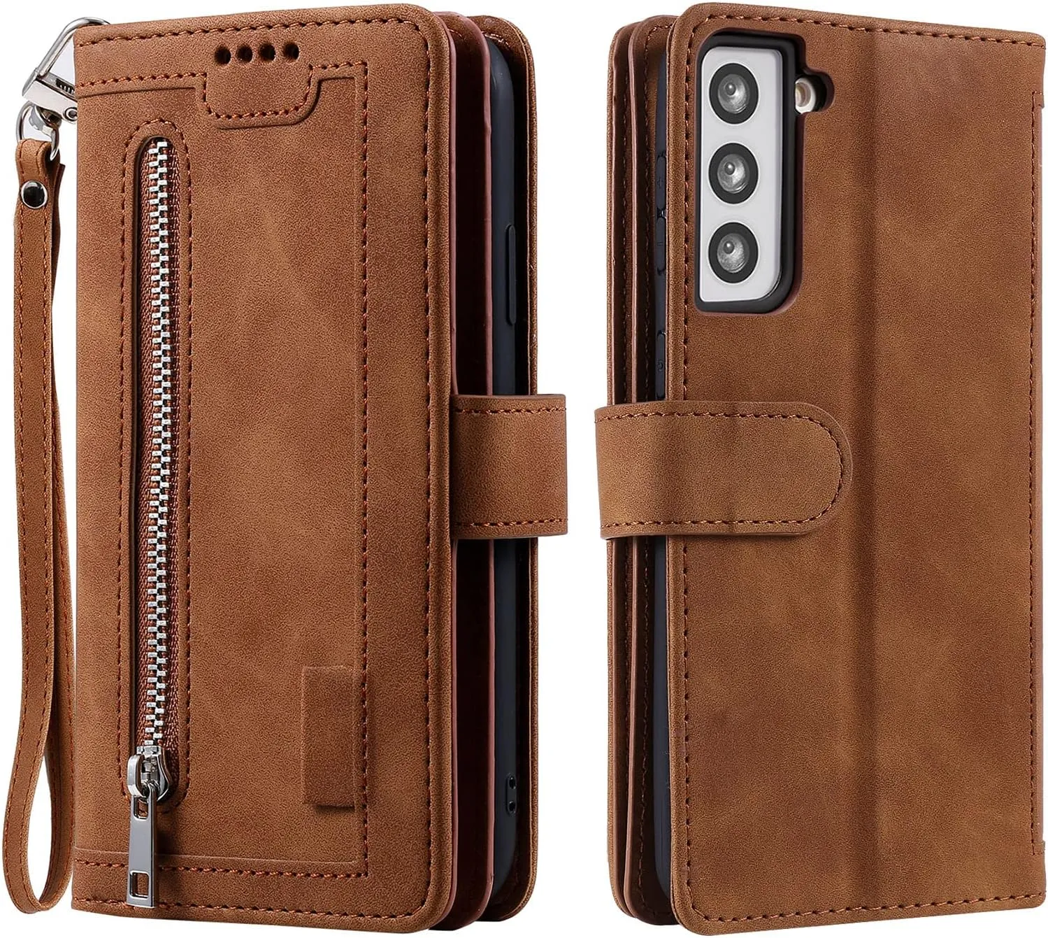 UEEBAI Wallet Case for Samsung Galaxy S21 5G, Retro 9 Card Holder Slots Zipper Pocket PU Leather Handbag Cover Magnetic Closure Kickstand with Wrist Strap TPU Shockproof Flip Case - Brown