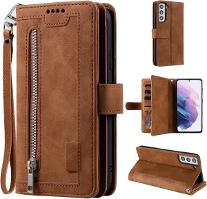 UEEBAI Wallet Case for Samsung Galaxy S21 5G, Retro 9 Card Holder Slots Zipper Pocket PU Leather Handbag Cover Magnetic Closure Kickstand with Wrist Strap TPU Shockproof Flip Case - Brown